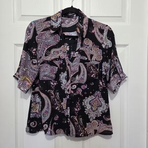 Express Woman's Black Sheer Colorful Paisley Roll Tab Button Up Shirt Size Small